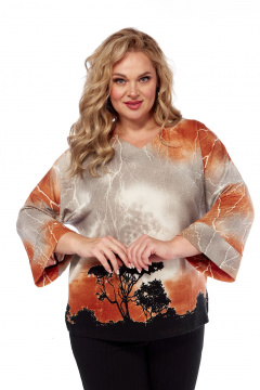 Свободная трикотажная блуза с принтом и V-образным вырезом Abbi 4051 бежево-коричневый - фото 1