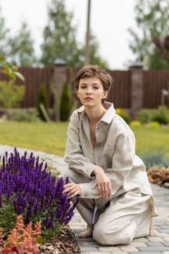 Бежевый льняной рубашка свободного кроя с классическим воротником Twok 200808 натуральный цвет льна - фото 3