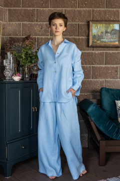 Брюки палаццо и рубашка из льна свободного кроя Twok 200811 голубой - фото 1