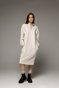 Платье с высоким воротником и металлической молнией из теплого футера Twok 400802 белый меланж - фото 2