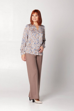 Блуза полуприлегающего силуэта с разрезами и стойкой воротником Соджи 596 кофейный+голубой - фото 5