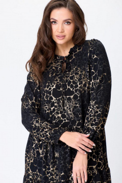 Свободное платье с валанами и рюшей из текстиля Милора-стиль 1137 черное+золото - фото 2