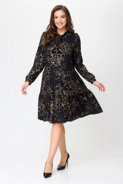 Свободное платье с валанами и рюшей из текстиля Милора-стиль 1137 черное+золото - фото 1