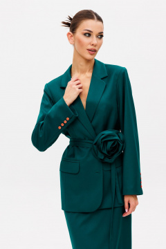 Демисезонный комплект жакет, юбка и съемный пояс с цветком Ларс Стиль 1001 изумруд - фото 5
