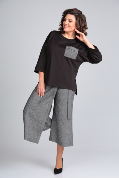 Брюки-кюлоты из мягкой ткани с запахом и свободным кроем Michel chic 1317/1 черный/темно-серый - фото 2