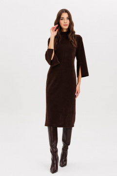 Стильное платье с поясом и разрезами из трикотажа AVEEVA 5211 шоколадный - фото 4