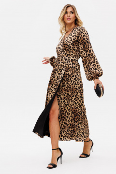 Платье с анималистичным принтом и складками миди EOLA 2750 бежевый-леопард - фото 1
