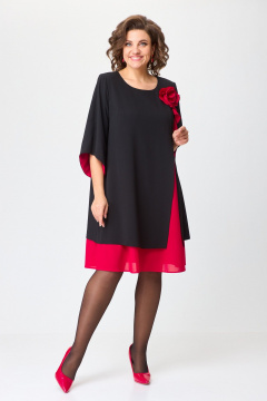 Нарядное расклешённое платье с отделкой и разрезом БАГРЯНИЦА 3154 черный+красный - фото 3