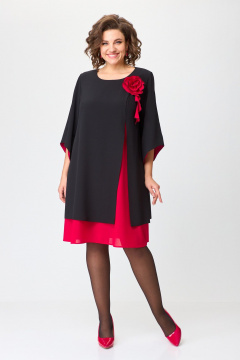 Нарядное расклешённое платье с отделкой и разрезом БАГРЯНИЦА 3154 черный+красный - фото 2