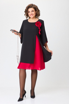 Нарядное расклешённое платье с отделкой и разрезом БАГРЯНИЦА 3154 черный+красный - фото 1