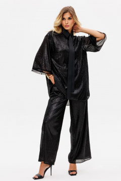 Круглогодичный нарядный комплект блузки и брюк из трикотажа с пайетками EOLA 2742 черный - фото 3