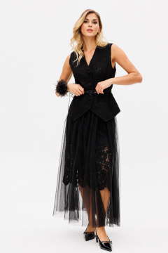 Через плечо жилет из гипюра с ремнем и цветочной отделкой EOLA 2737 черный - фото 2