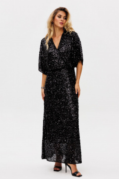 Черное нарядное платье из пайеток и трикотажа с запахом EOLA 2736 черный - фото 1