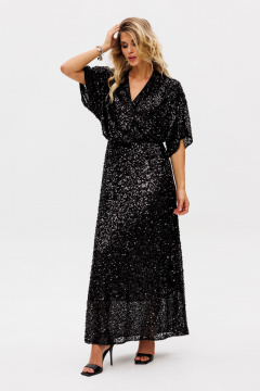 Черное нарядное платье из пайеток и трикотажа с запахом EOLA 2736 черный - фото 3