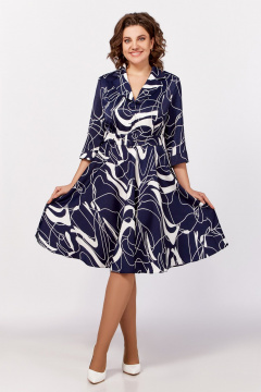 Платье с V-образным вырезом и отложным воротником из вискозы Swallow 795 синий,принт«белая_абстракция» - фото 3