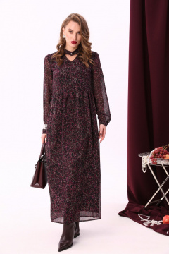Макси платье с V-образным вырезом, имитацией чокера и декоративными пуговицами NikVa 801-2 винный_леопард - фото 3