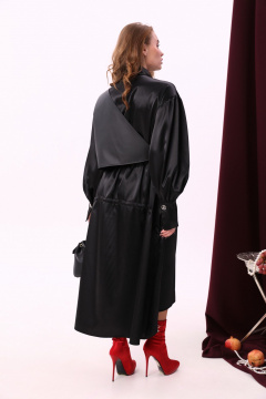 Миди платье свободного кроя из текстиля и экокожи с воротником-стойкой NikVa 802-1 чёрный - фото 5