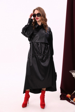 Миди платье свободного кроя из текстиля и экокожи с воротником-стойкой NikVa 802-1 чёрный - фото 4