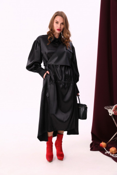 Миди платье свободного кроя из текстиля и экокожи с воротником-стойкой NikVa 802-1 чёрный - фото 1