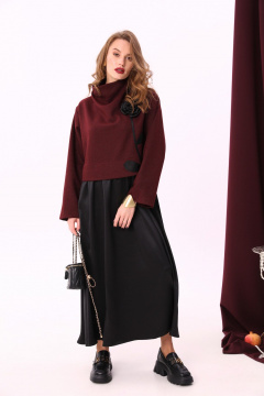 Платье прямого силуэта с оборками и декоративным цветком NikVa 924-1 бордо+чёрный - фото 1