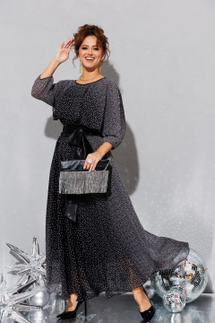 Платье нарядное шифоновое с пелериной и капельным вырезом Anastasia 063.1 черно-серый - фото 3