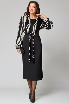 Черное платье из атласа с бусинами и брошью Мишель стиль 1230 черно-молочный - фото 1