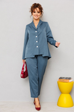 Деловой костюм жакет и брюки в полоску из костюмного текстиля Mubliz 223 морская_волна_полоска - фото 3