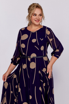 Синее платье-халат из шифона с ремнем и вырезом Swallow 790 синий/темно-бежевый_принт - фото 4