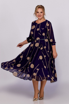 Синее платье-халат из шифона с ремнем и вырезом Swallow 790 синий/темно-бежевый_принт - фото 3