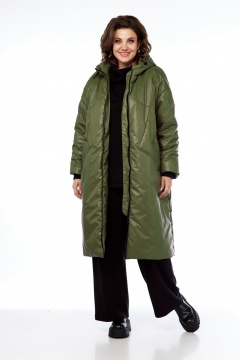 Пальто утепленное демисезонное на молнии с капюшоном Диомант 2024 олива - фото 1