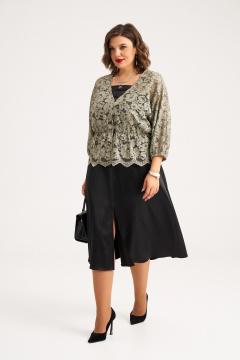 Комплект из блузы и платья из кружевного гипюра летний Almirastyle 345 черный_хакки - фото 3