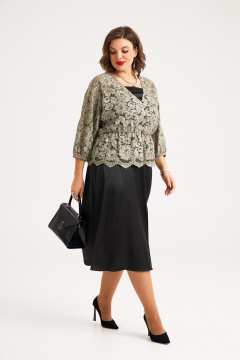 Комплект из блузы и платья из кружевного гипюра летний Almirastyle 345 черный_хакки - фото 1
