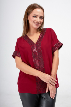 Красная блузка из шифона с кружевом и пайетками Condra 16233 бордовый - фото 4