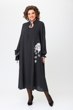 Демисезонное платье трапециевидного силуэта с вышивкой, макси Michel chic 2170 черно-белый,полоска - фото 3