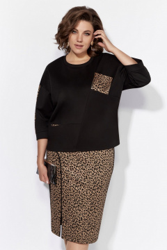 Трикотажный костюм юбка и блуза леопард+черный стильный комплект Tellura-L 1770 леопард - фото 1
