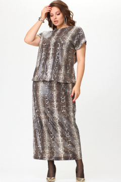 Бежевый костюм из трикотажа с пайетками, юбка и блузон SOVA 11264 - фото 1