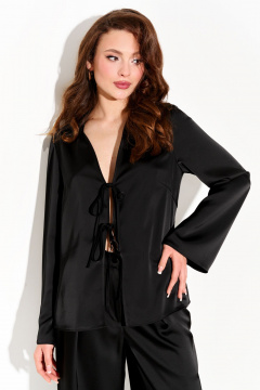 Черная рубашка из струящейся ткани с завязками, деловой стиль FOXY FOX 1664 - фото 3