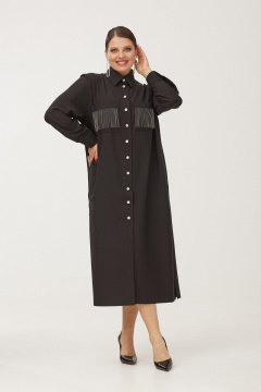 Эффектное нарядное платье-рубашка с накладными карманами и блестящими пуговицами OVERYOU М184 черный - фото 4