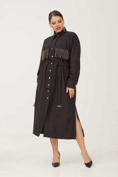 Эффектное нарядное платье-рубашка с накладными карманами и блестящими пуговицами OVERYOU М184 черный - фото 5