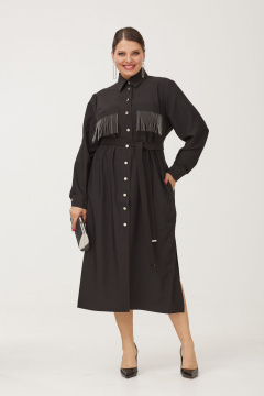 Эффектное нарядное платье-рубашка с накладными карманами и блестящими пуговицами OVERYOU М184 черный - фото 1