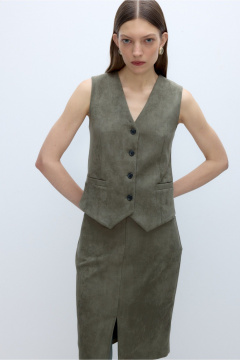 Костюм-тройка из искусственной замши жакет жилет юбка PiRS 5636 хаки - фото 5