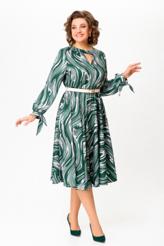 Платье с нагрудными вытачками и расклешенной юбкой Swallow 807 изумруд/бежевые_разводы - фото 3