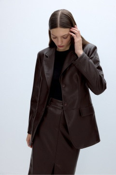 Деловой костюм из экокожи с юбкой и жакетом с талиевыми вытачками PiRS 5674 горький_шоколад - фото 3