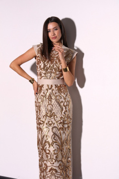 Бежевое платье из кружева с пайетками и разрезом по спинке LM М46-3 - фото 3