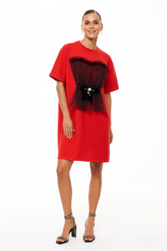 Платье-коктейль из трикотажа с сборкой и съемной брошкой Панда 208680w красный - фото 4
