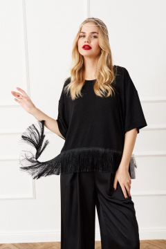 Черная блуза из трикотажа со спущенными плечами и бахромой Lokka 1557 черный - фото 2