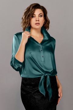 Зеленая блуза из атласа с воротником и завязкой Ольга Стиль С-878 изумруд - фото 5