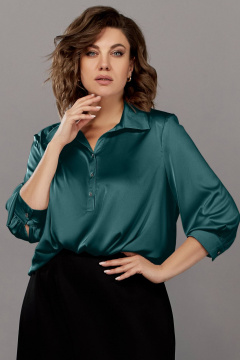 Зеленая блуза из атласа с воротником и завязкой Ольга Стиль С-878 изумруд - фото 3