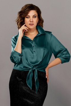Зеленая блуза из атласа с воротником и завязкой Ольга Стиль С-878 изумруд - фото 2