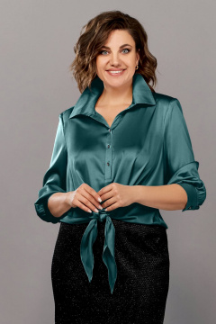 Зеленая блуза из атласа с воротником и завязкой Ольга Стиль С-878 изумруд - фото 1